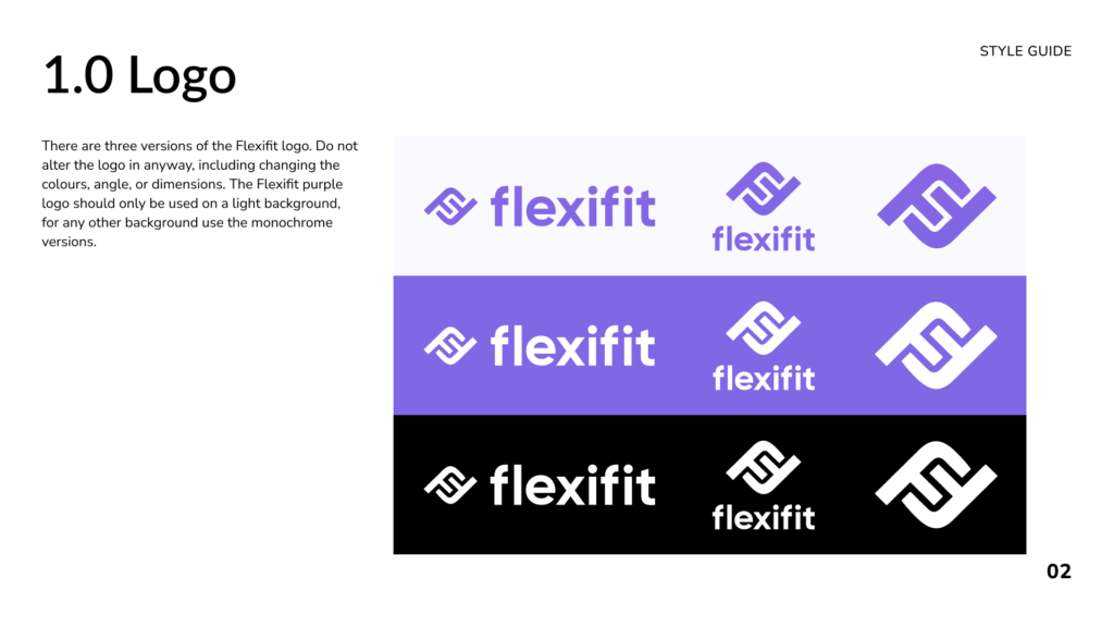 Page 1 of the style guide displaying the Flexifit logo and how to use it
