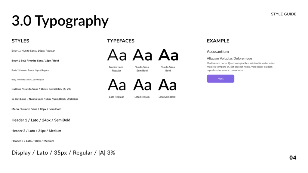 Page 3 of the style guide displaying the typography with an example.